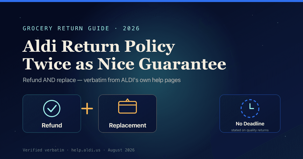 Aldi return policy 2026 hero graphic — Twice as Nice Guarantee refunds and replaces products with no stated deadline