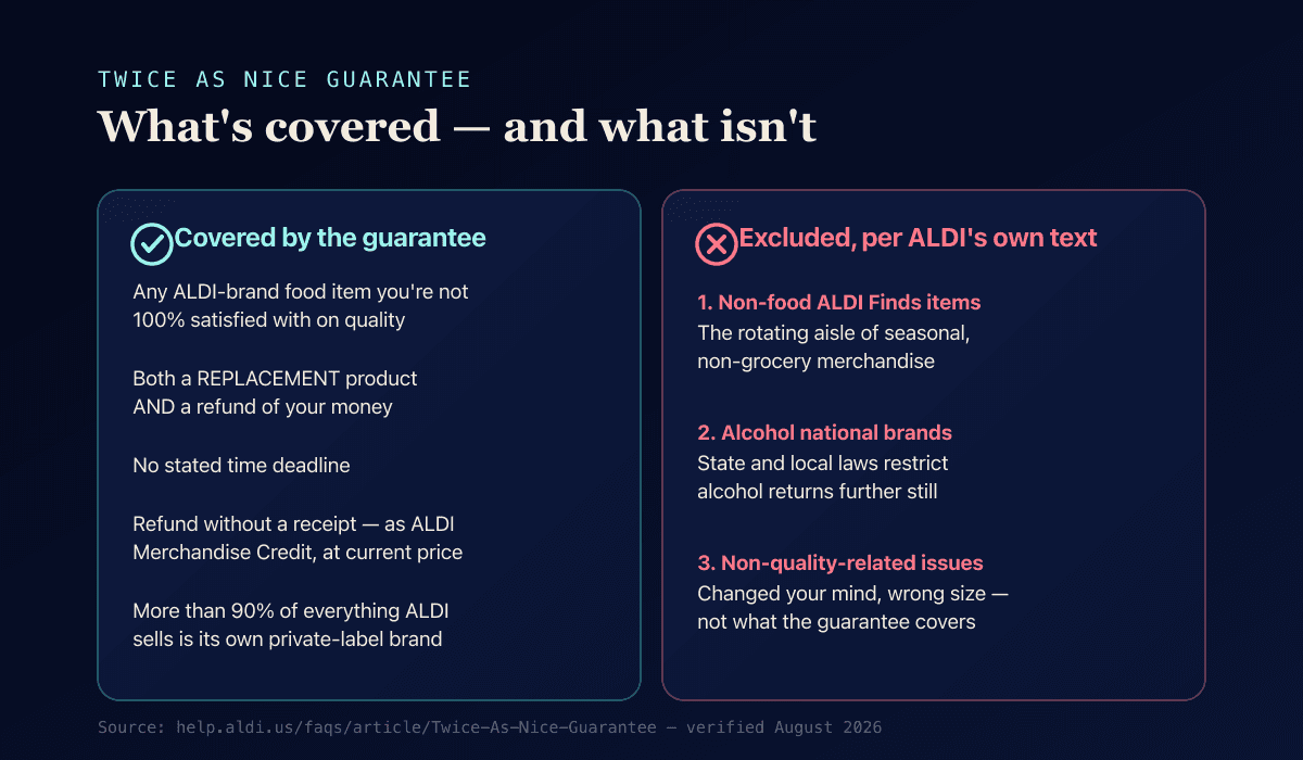 Aldi Twice as Nice Guarantee exclusions — non-food ALDI Finds items, alcohol national brands, and non-quality-related issues are not covered