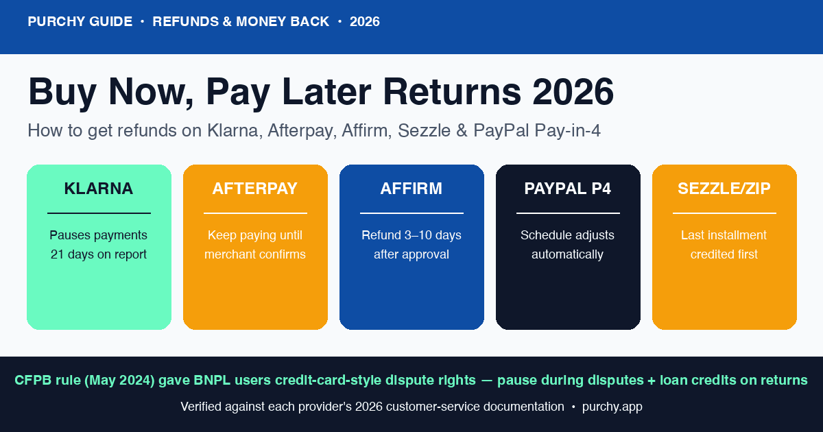 Buy Now Pay Later returns 2026 hero — Klarna pauses payments for 21 days, Affirm refunds in 3 to 10 business days, Afterpay requires you to keep paying until merchant confirms, PayPal Pay in 4 adjusts schedule automatically, Sezzle credits installments after merchant processes