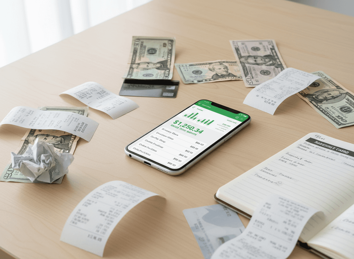 Phone showing $1,250 in savings with receipts and money scattered on desk