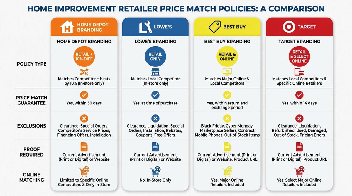 Comparison table of major retailer price match policies