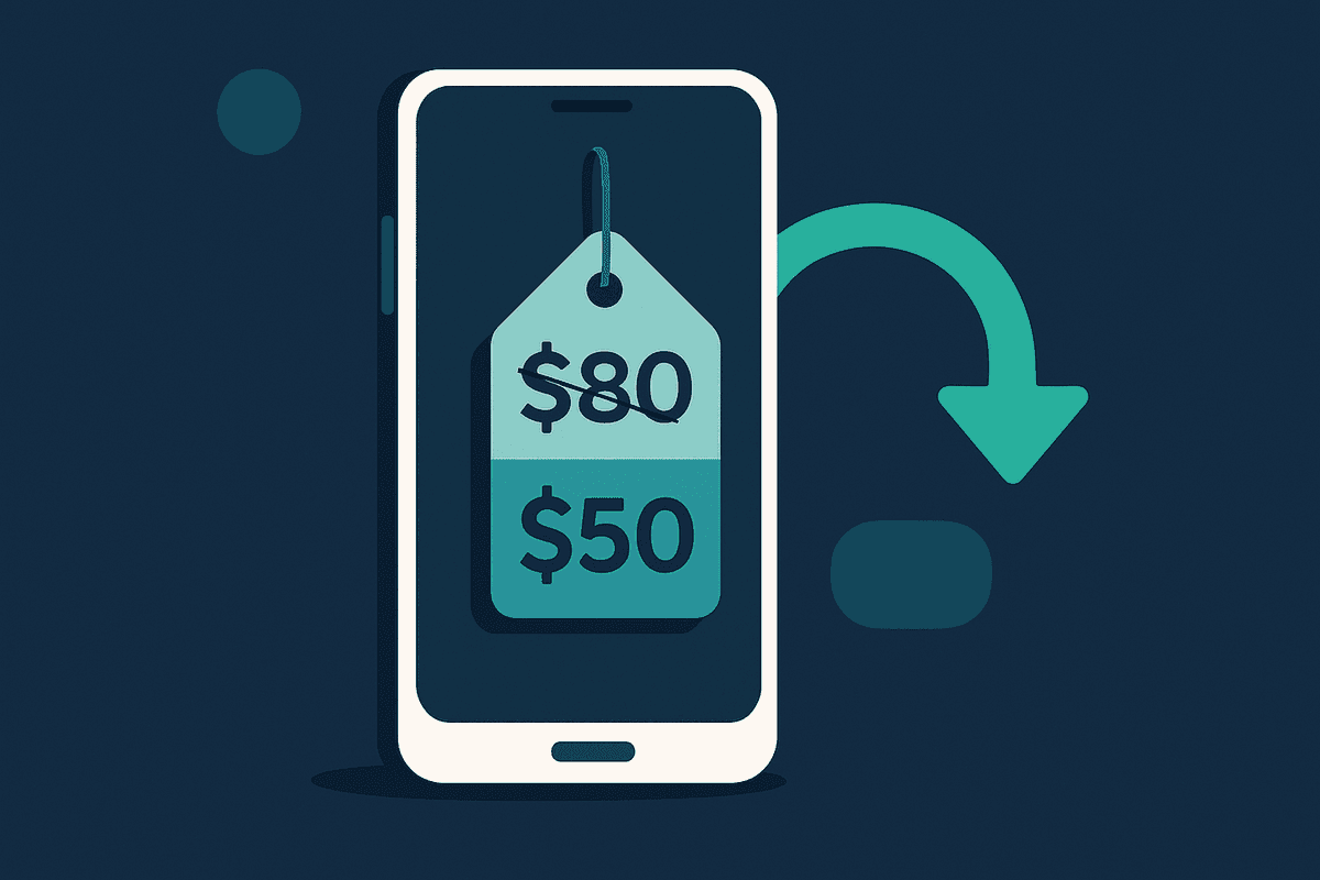 Smartphone showing a price tag dropping with a refund arrow