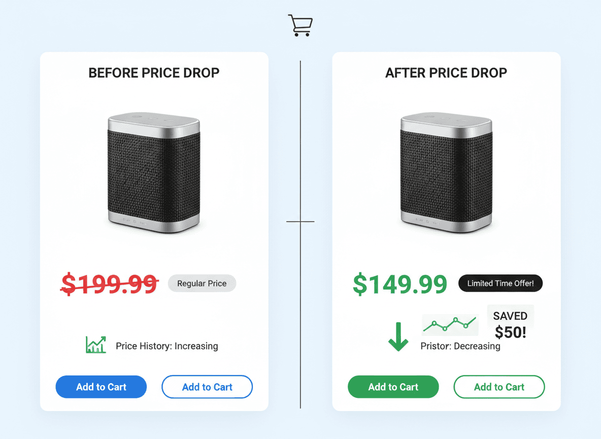 Before and after price drop comparison showing $50 savings on a speaker