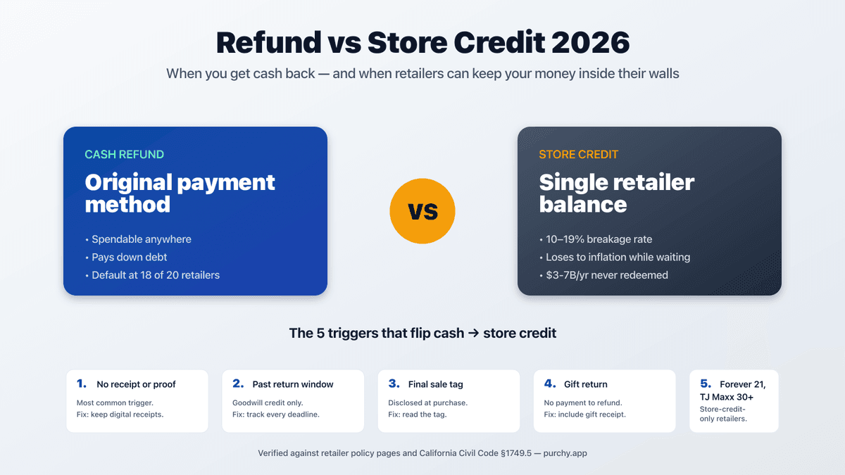 Refund vs store credit 2026 — cash going to original payment card on the left, restricted store credit gift card on the right, with the five triggers (no receipt, outside return window, final sale, gift, store policy) in the middle