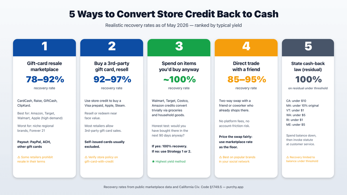 Five strategies to convert store credit back to cash in 2026 — gift card resale marketplaces, third-party gift card laundering, everyday essentials spending, friend-to-friend cash trade, state minimum-balance redemption