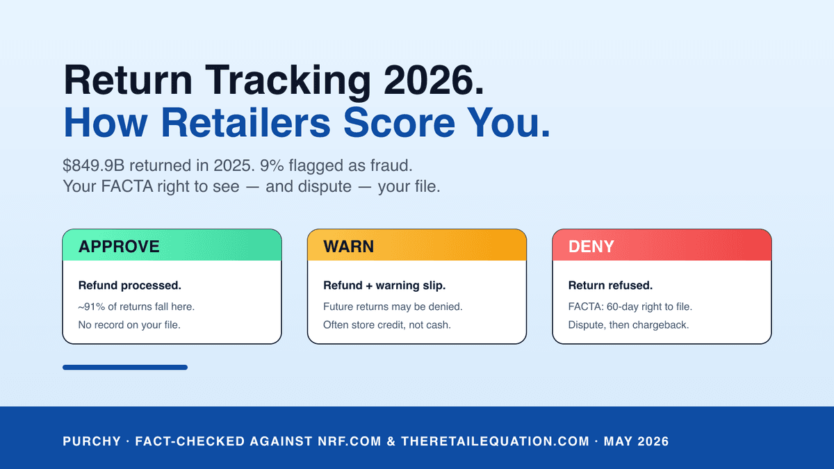 Return tracking 2026 — how The Retail Equation scores your returns at major US retailers, your FACTA rights to request the Retail Activity Report, and the 5 patterns that flag your account for denial