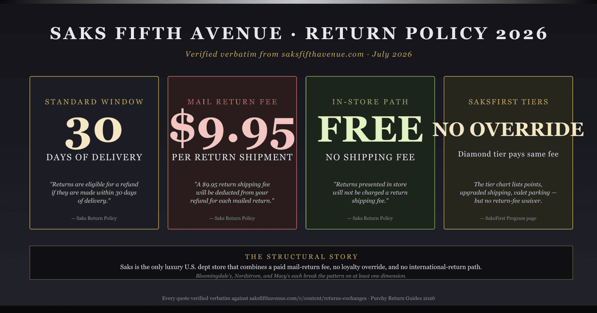Saks Fifth Avenue return policy 2026 — four-card hero graphic on charcoal gradient showing the 30-day return window in Saks signature black-and-white, the $9.95 mail-return fee in slate, the "International returns are not supported" wall in deep red, and "no SaksFirst tier waives the return fee" in cool platinum, with a verbatim quote bar from saksfifthavenue.com and a Saks Fifth Avenue black-and-white brand accent strip across the top.