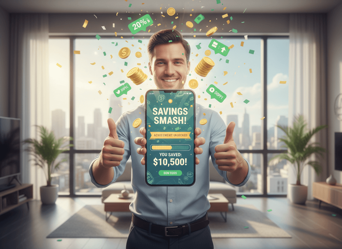 Happy person holding phone showing $10,500 saved with confetti celebration