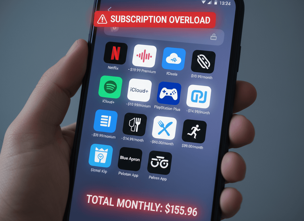 Phone showing subscription overload with $155.96 monthly total from various apps