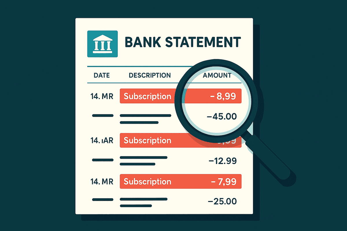 Bank statement with recurring subscription charges highlighted and magnifying glass revealing hidden charges