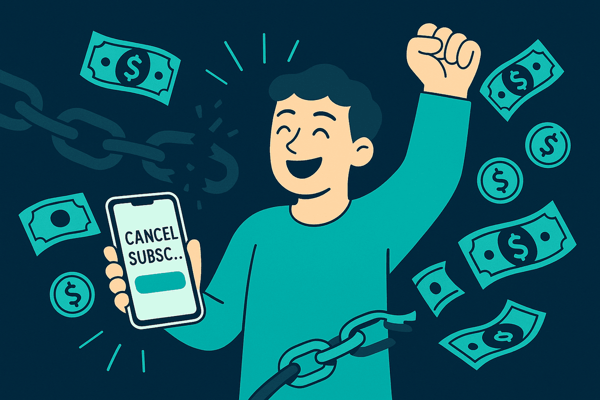 Person triumphantly cancelling subscriptions with broken chain links and money flowing back