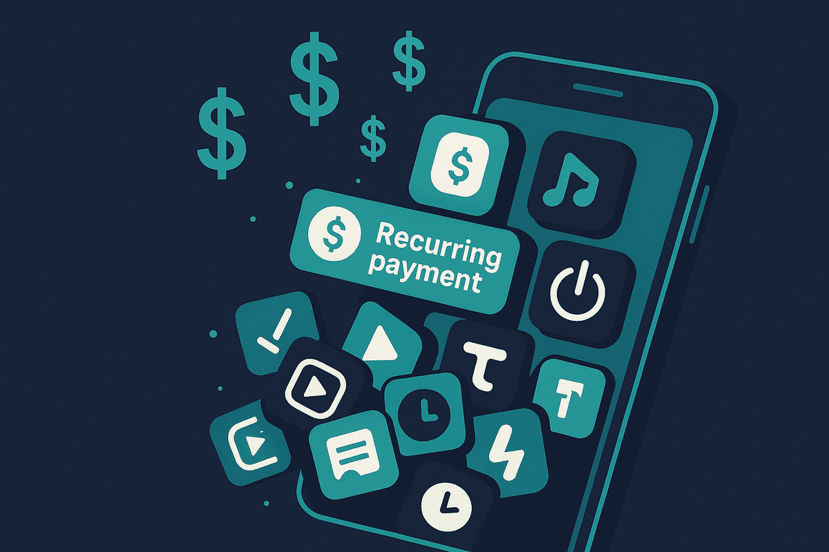 Phone screen overflowing with subscription app icons and recurring charges with dollar signs floating away