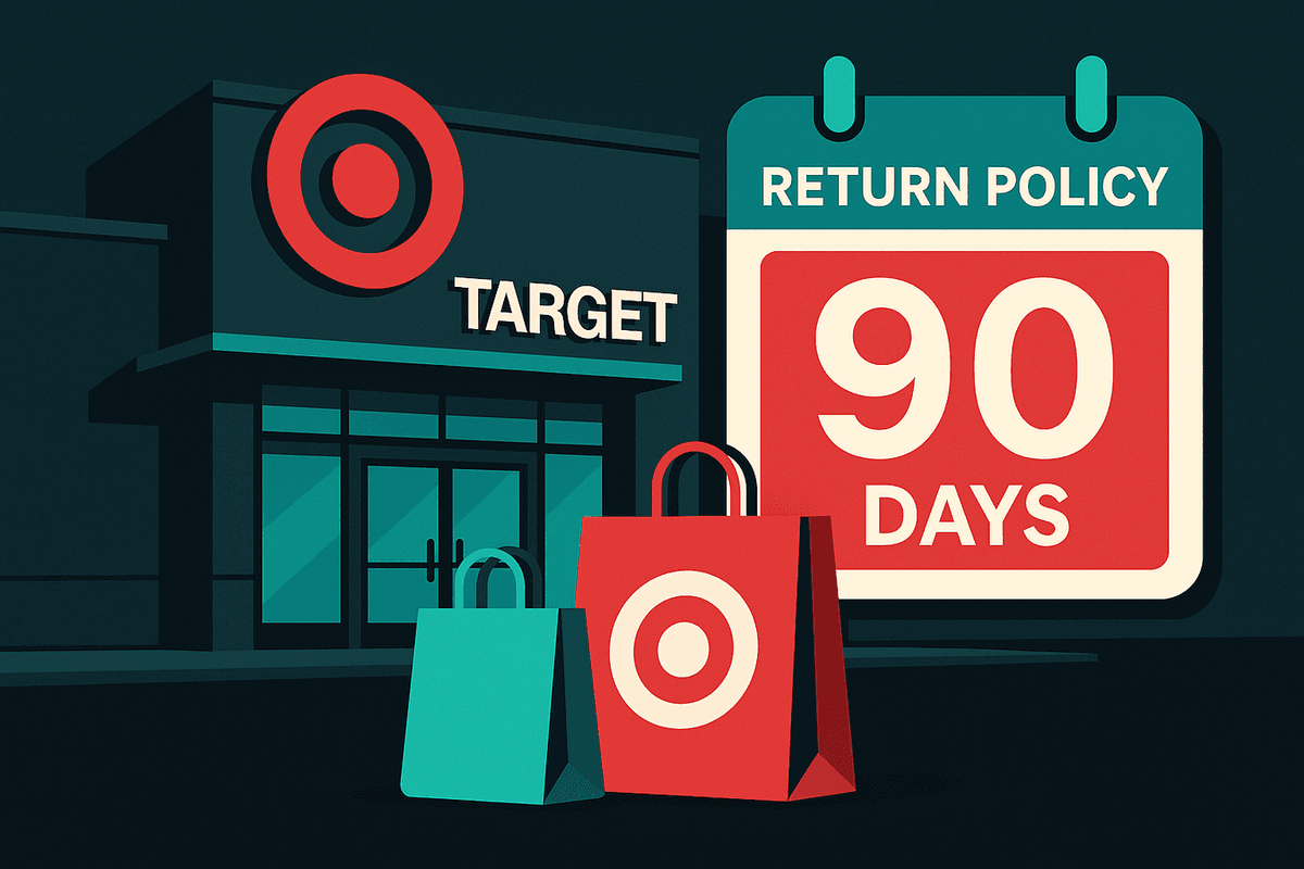 Target store front with shopping bags and return policy calendar showing 90-day window