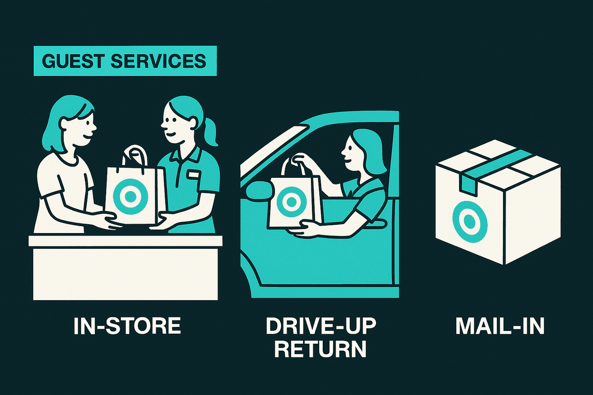 Three Target return methods: in-store at guest services, drive-up from car, and mail-in shipping