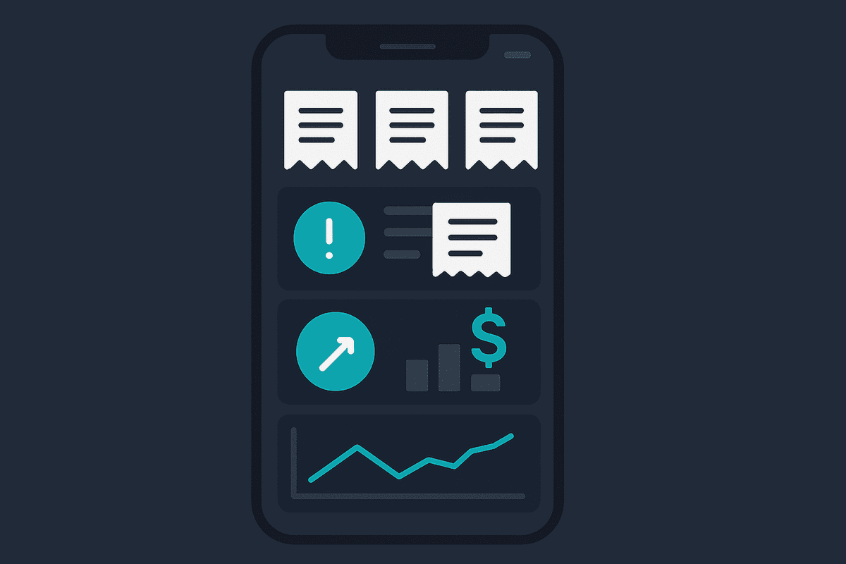 Smartphone displaying a digital receipt tracking dashboard with organized receipts and savings metrics