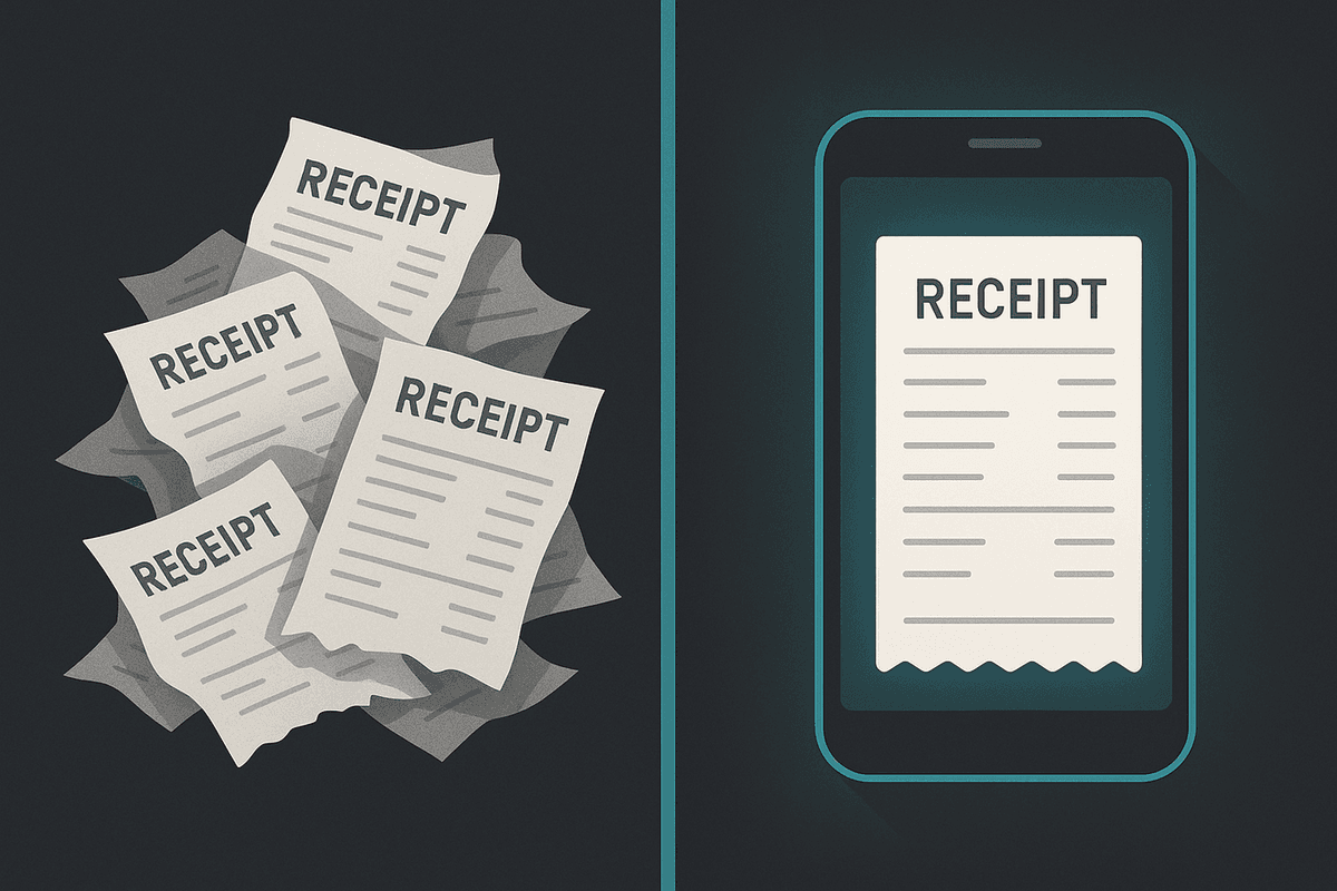 Comparison of crumpled fading paper receipts versus clean organized digital receipts on a phone