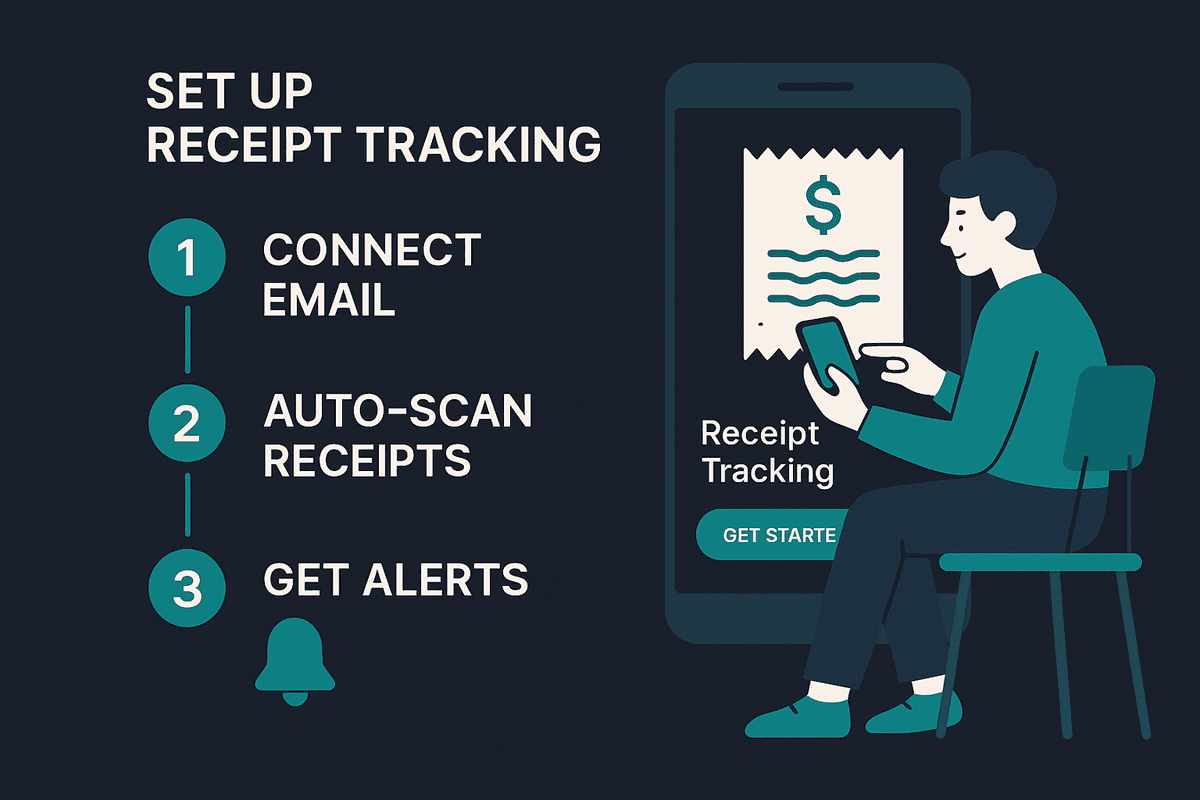 Person setting up a receipt tracking app in 3 easy steps: connect email, auto-scan, get alerts