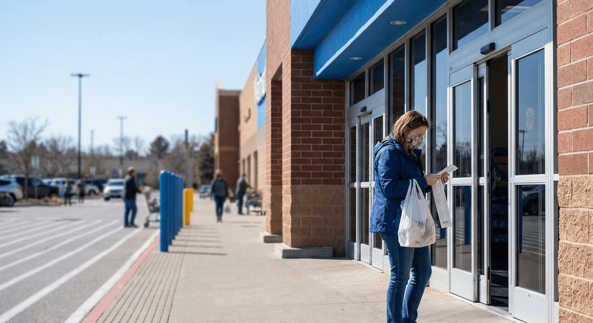 Walmart store entrance with customer holding receipt and shopping bag