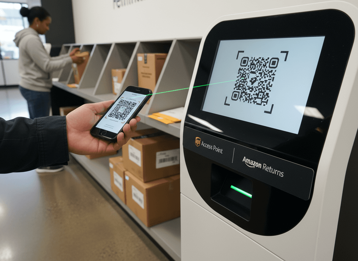 Customer scanning QR code at UPS Access Point Amazon Returns kiosk