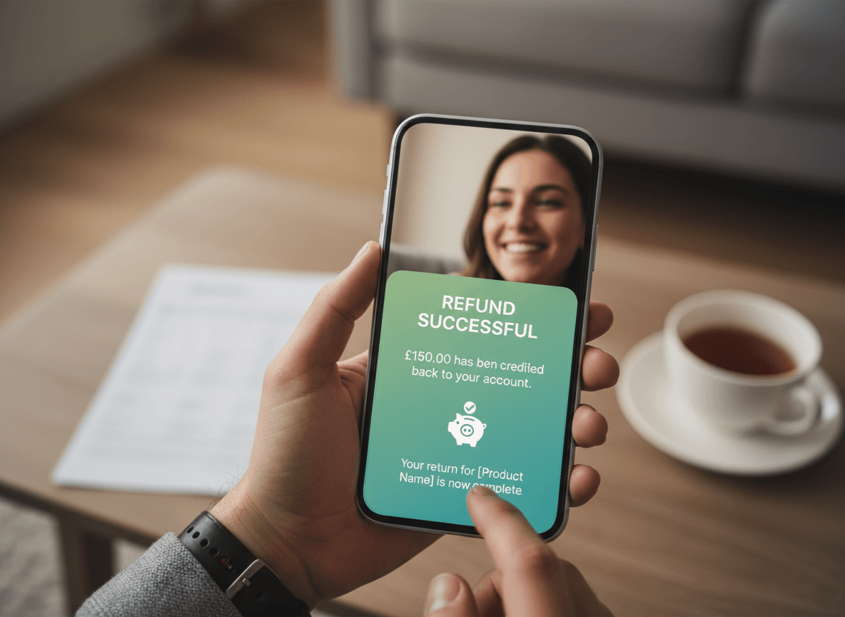 Happy customer with phone showing Refund Successful notification