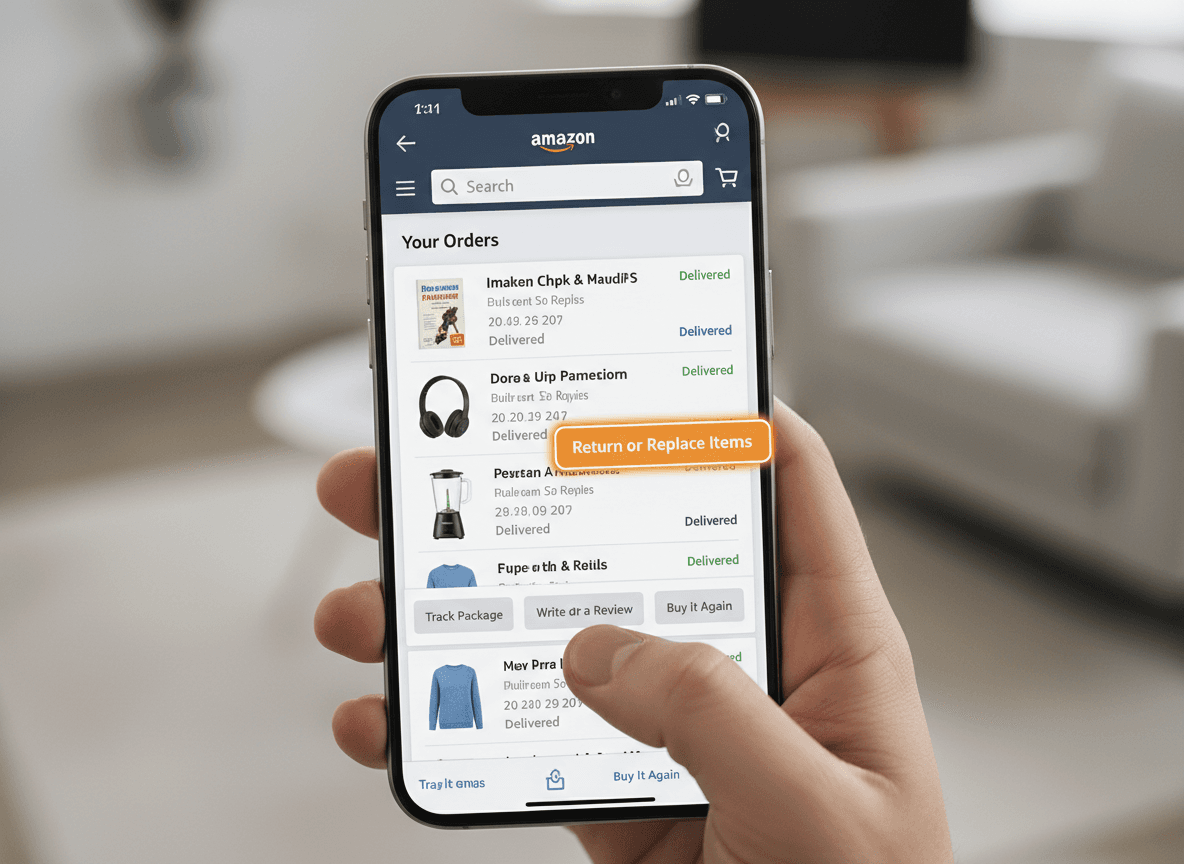 Amazon app Your Orders page showing Return or Replace Items button