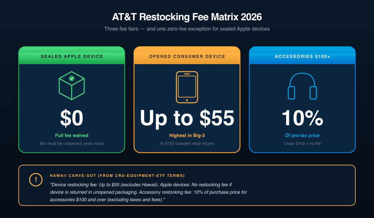AT&T restocking fee matrix: 3 cards showing $0 Apple unopened, up to $55 device restock, and 10 percent accessory restock — with Hawaii carve-out callout