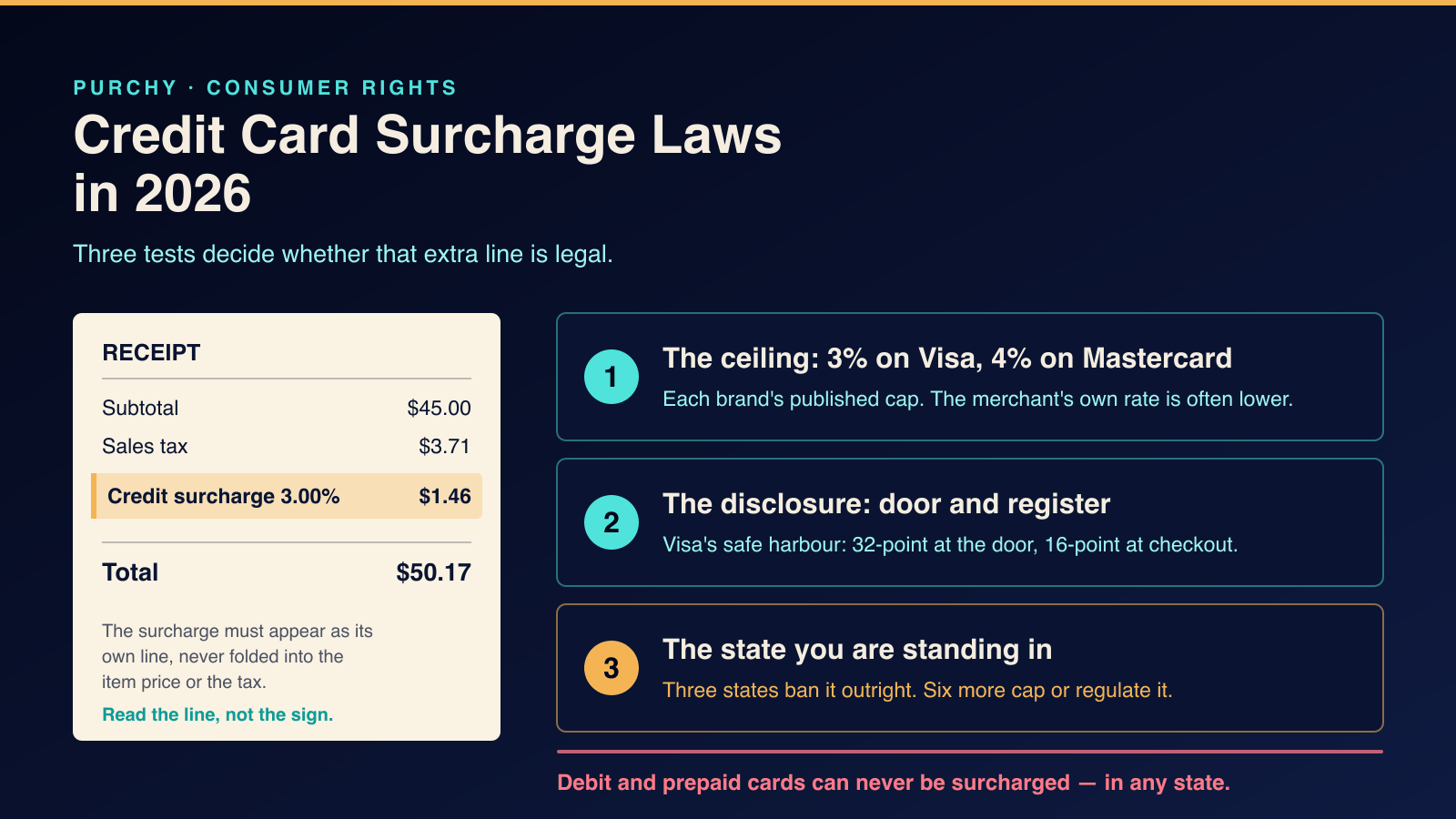 Hero graphic explaining credit card surcharge laws in 2026: a store receipt with a separate surcharge line item, beside the three tests that decide whether that line is legal — the brand cap of 3% on Visa and 4% on Mastercard, the disclosure required at the door and the register, and the state you are standing in