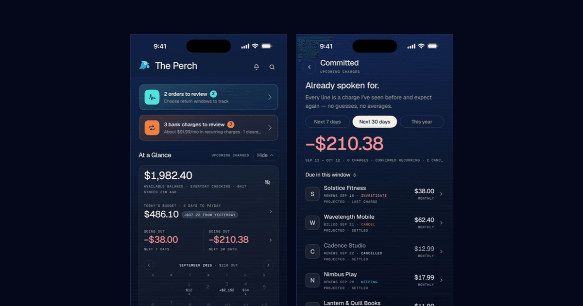Two Purchy screens side by side: The Perch showing an available balance of $1,982.40 on Everyday Checking with today's budget of $486.10 and four days to payday, and the Committed screen headed "Already spoken for" showing −$210.38 across six recurring charges