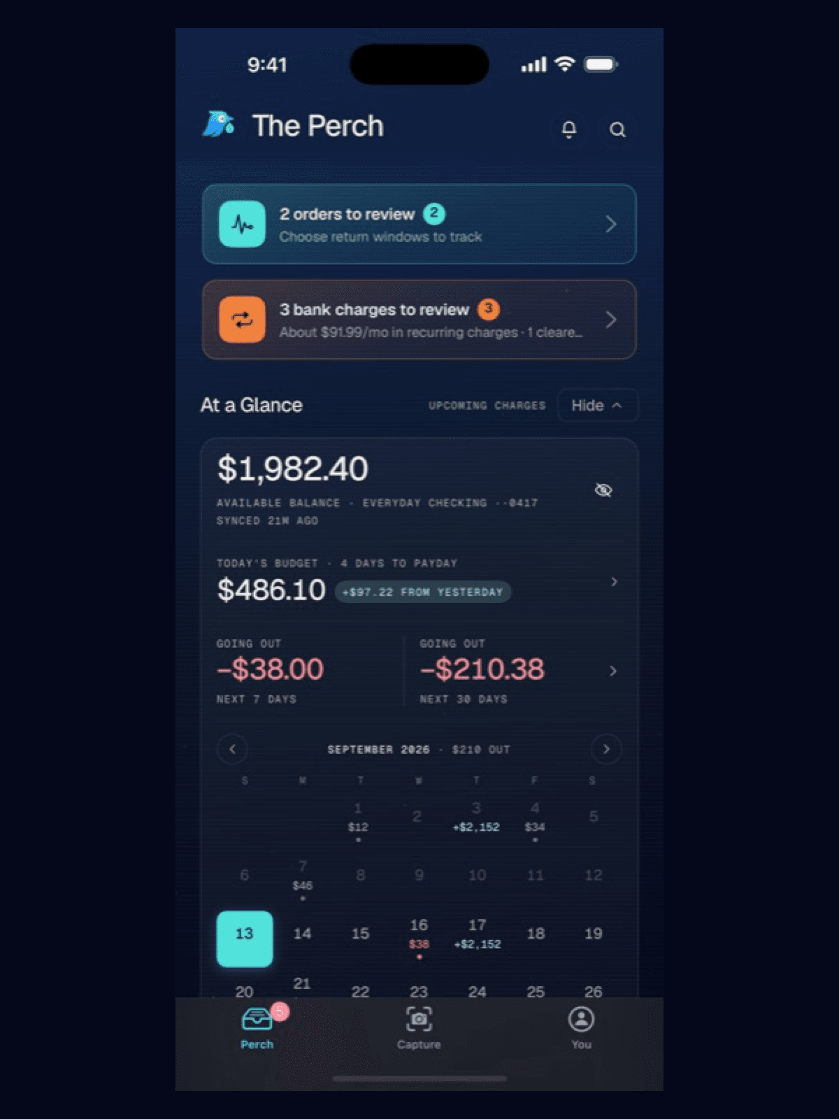 The Perch screen in Purchy showing available balance $1,982.40 on Everyday Checking synced 21 minutes ago, today's budget of $486.10 with four days to payday and a +$97.22 from yesterday chip, going out −$38.00 over the next seven days and −$210.38 over the next thirty, above a September calendar marking a $38 charge on the 16th and a $2,152 deposit on the 17th