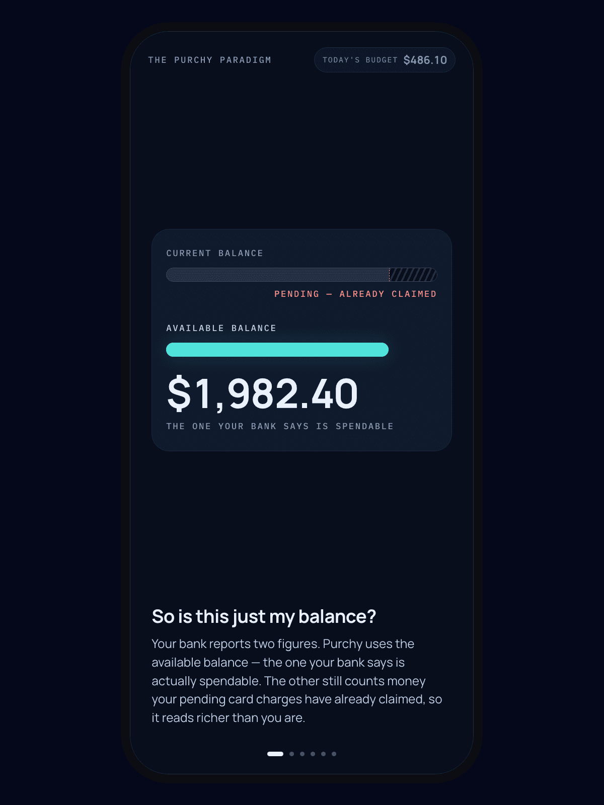 A frame from the Purchy Paradigm explainer, headed "So is this just my balance?": a current-balance bar whose right-hand end is hatched in coral and labelled pending, already claimed, and beneath it a shorter mint available-balance bar with $1,982.40 under it, captioned the one your bank says is spendable