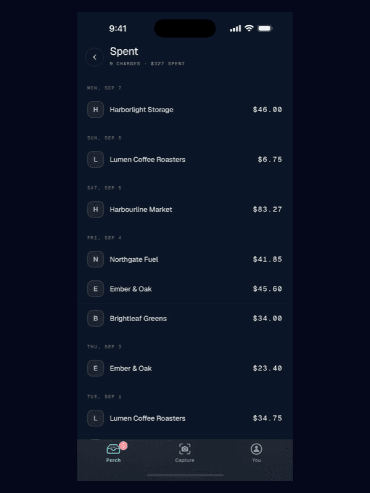 The Spent screen in Purchy showing nine charges totalling $327, grouped by day: Harborlight Storage $46.00 on Monday September 7, Lumen Coffee Roasters $6.75 on Sunday, Harbourline Market $83.27 on Saturday, and Northgate Fuel, Ember & Oak and Brightleaf Greens on Friday September 4