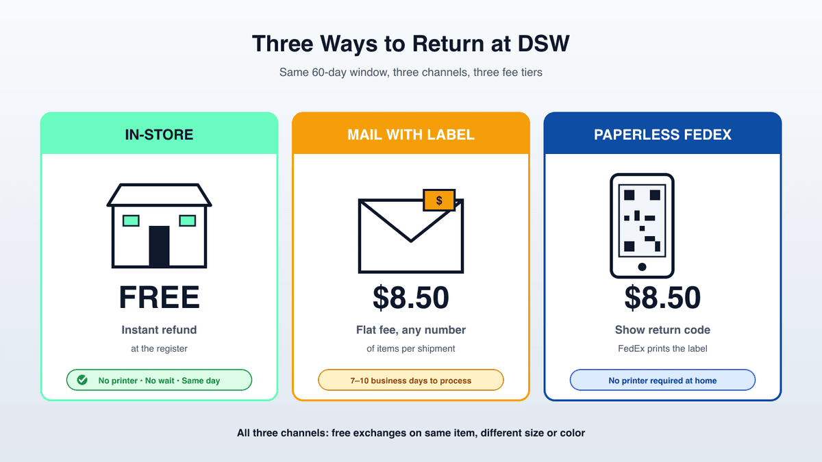 DSW return channels: free in-store returns, $8.50 mail returns, and free exchanges by mail