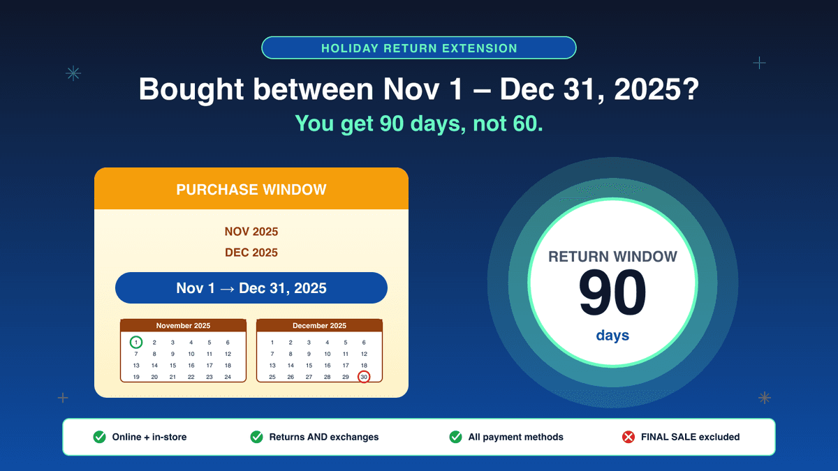 DSW holiday return extension: any purchase between November 1 and December 31, 2025 has a 90-day return window