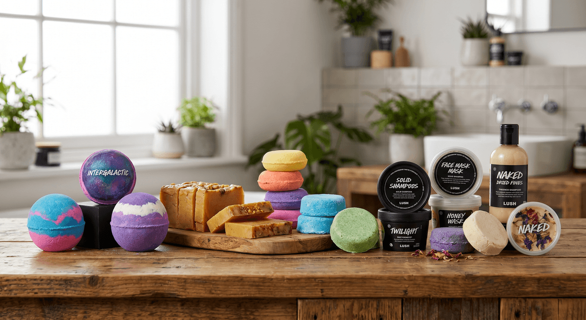 A beautifully arranged counter of colorful Lush bath bombs, soaps, and cosmetics