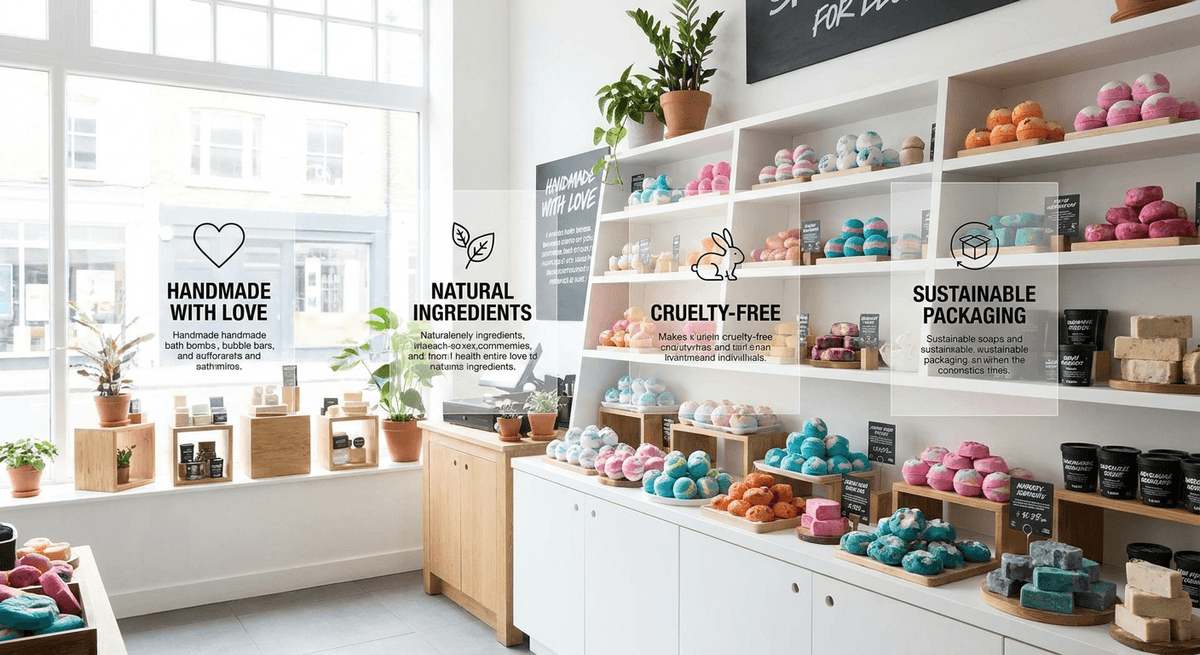 A welcoming Lush store display with colorful handmade products