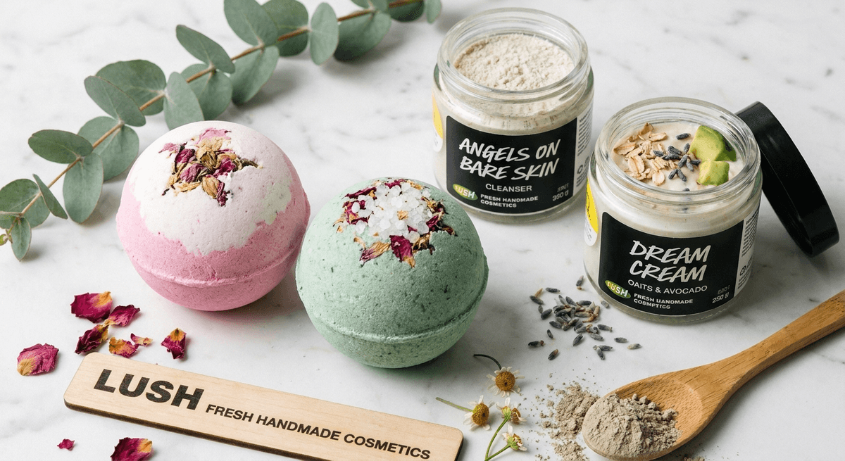 A closeup of fresh, handmade Lush bath products with botanical ingredients
