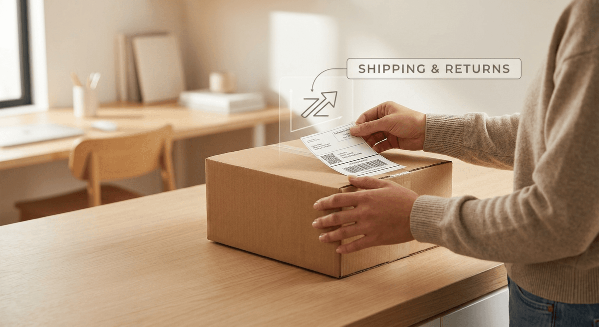 Person holding a shoebox with a return label