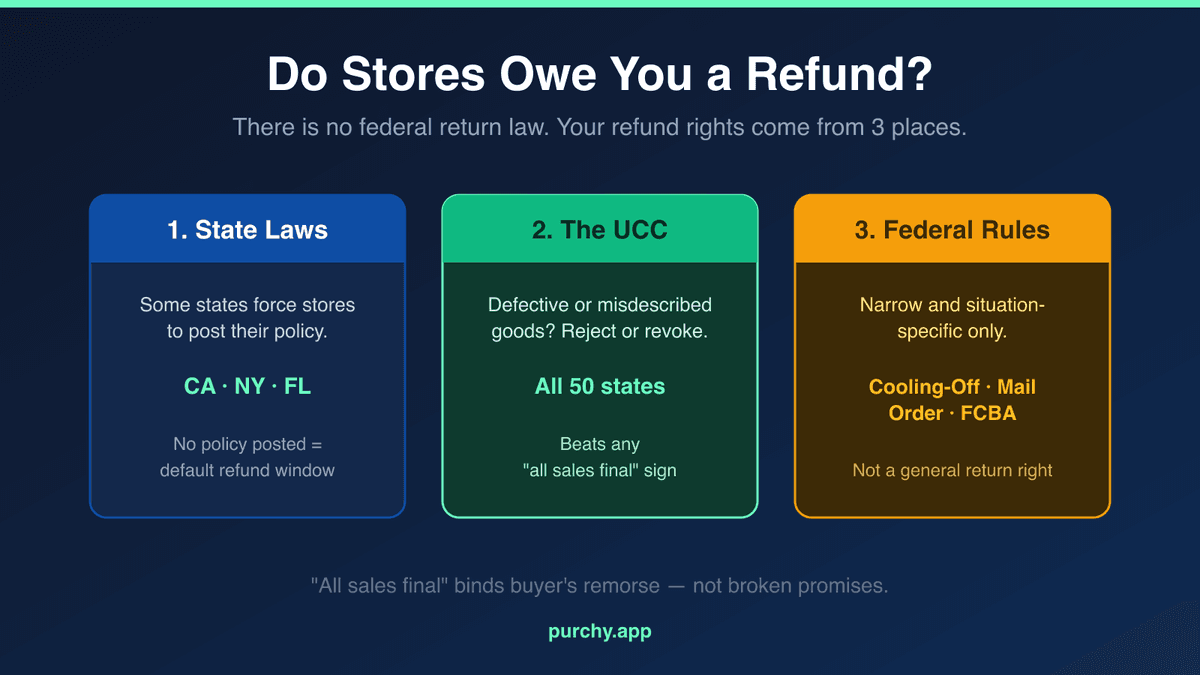 Hero image showing that no federal law requires refunds, with three example state rules and the UCC defective-goods backstop