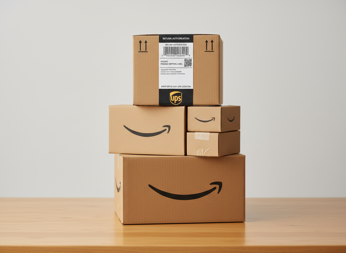 Stack of Amazon boxes with UPS return label ready for shipping