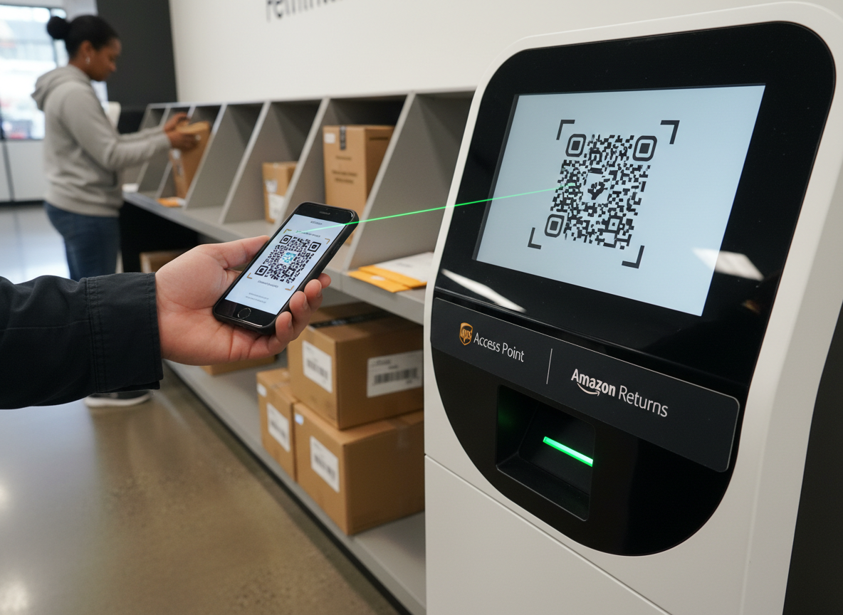Customer scanning QR code at UPS Access Point Amazon Returns kiosk