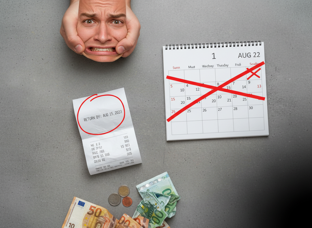 Stressed person looking at receipt with return deadline and crossed out calendar