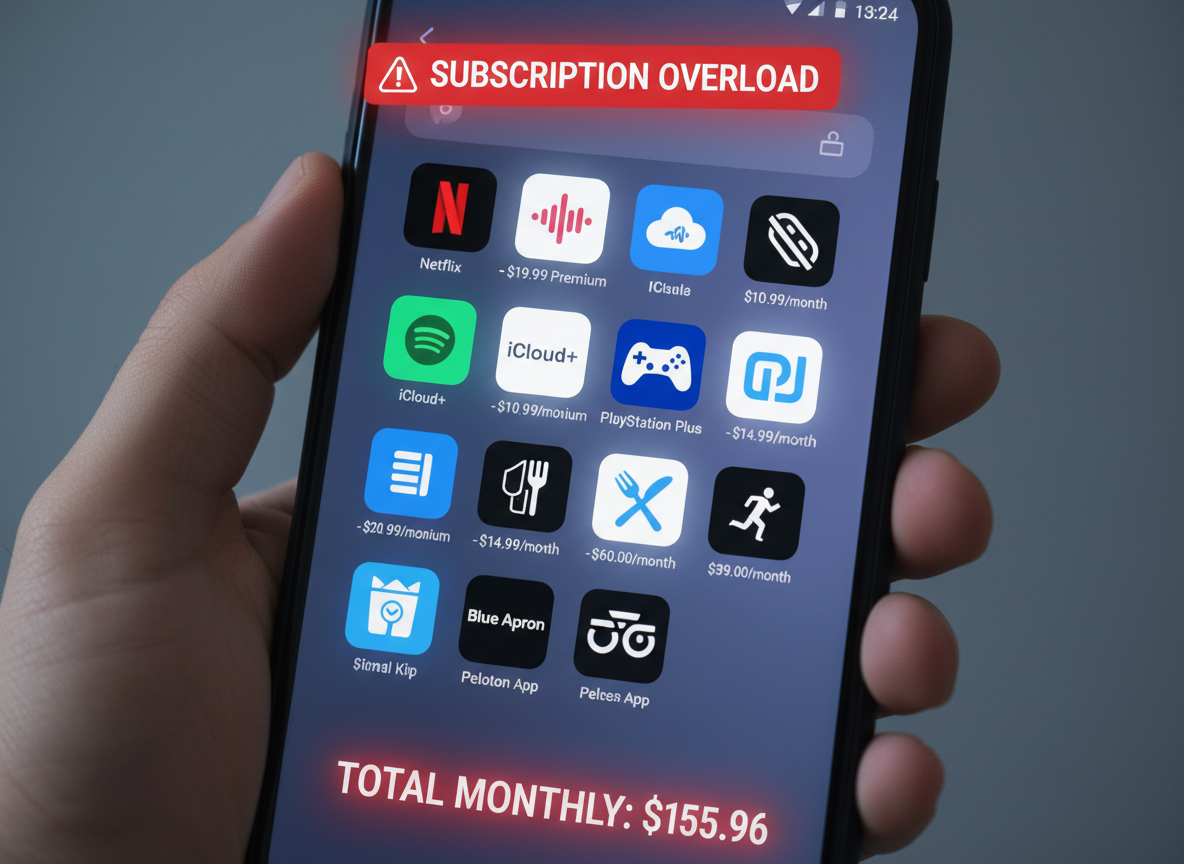Phone showing subscription overload with $155.96 monthly total from various apps